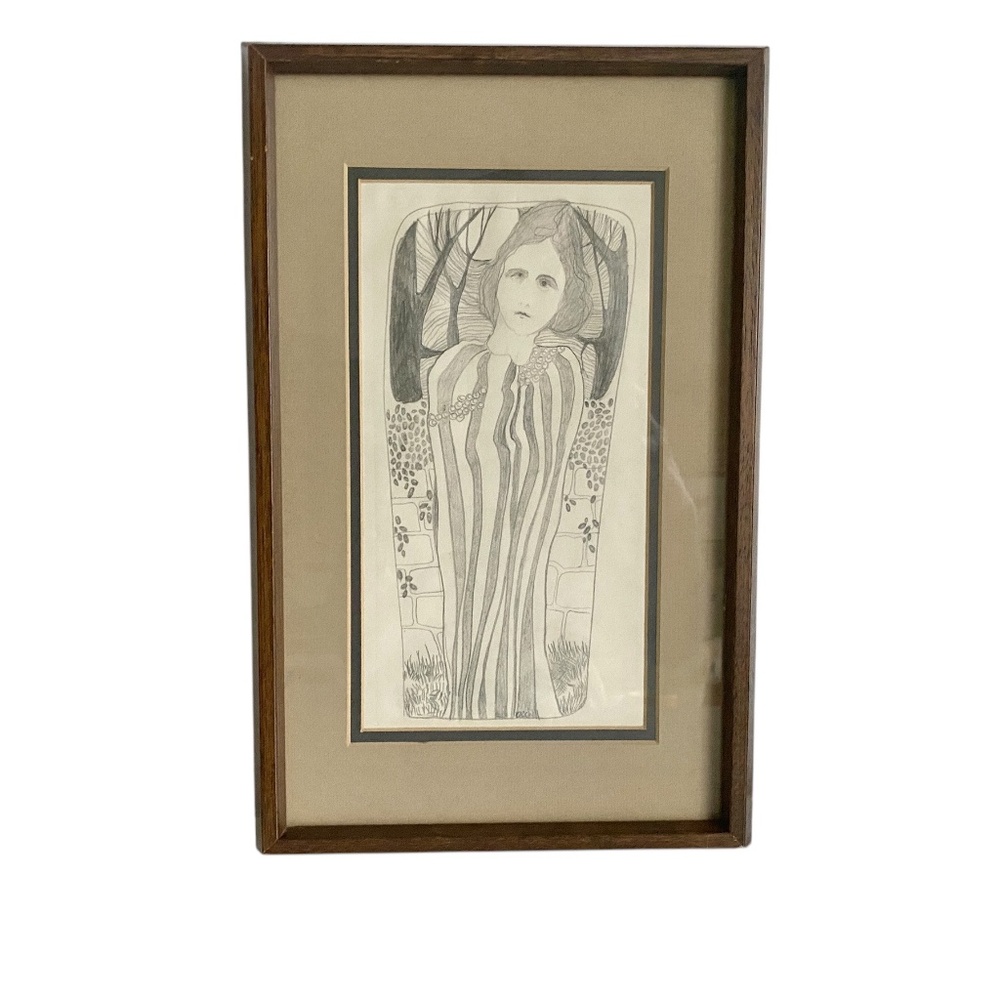 Framed Vintage Pencil Drawing Original Art Witchy Woman in the Moonlight